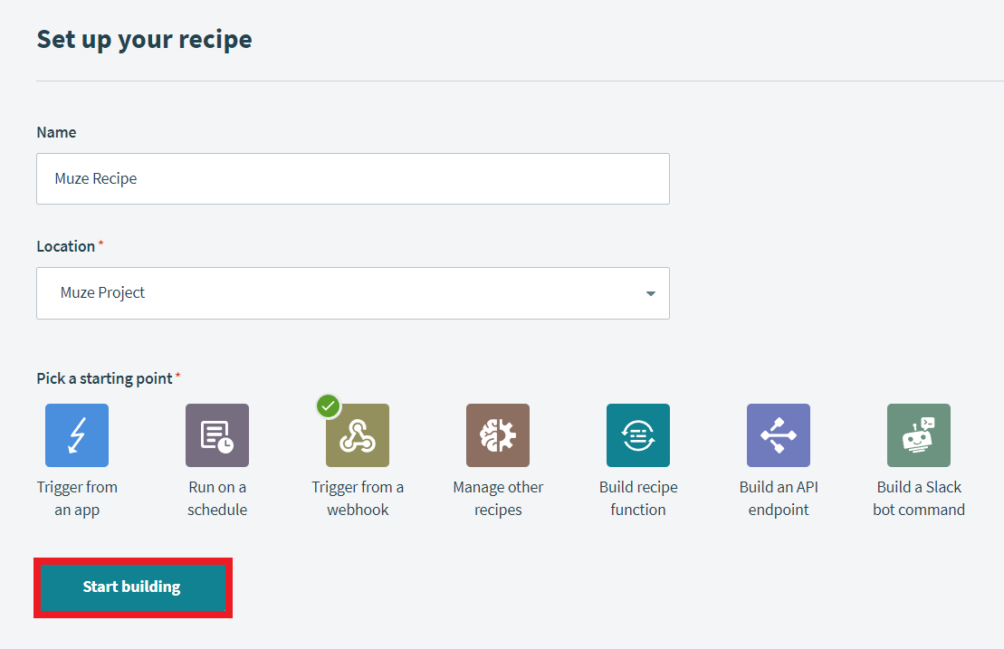 Configure the recipe and click on the Start Building button