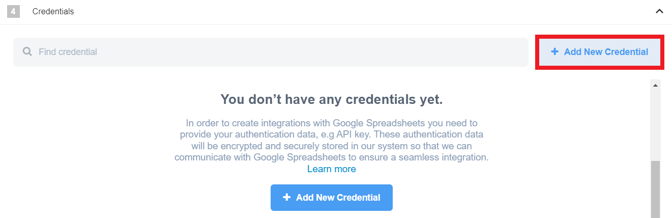 clicking on the + Add New Credential