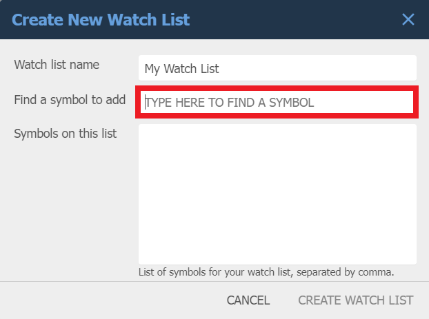 Symbol Search field Embedded in the Watchlist Creator